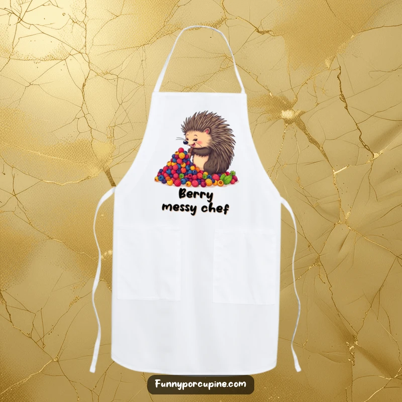 Funny apron featuring an enthusiastic porcupine joyfully shoveling a giant mound of colorful berries, perfect for humorous kitchen activities.
