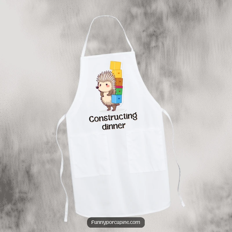 Funny Porcupine Apron: A plump, spiky porcupine joyfully balances a stack of colorful blocks, bringing humor to kitchen tasks.
