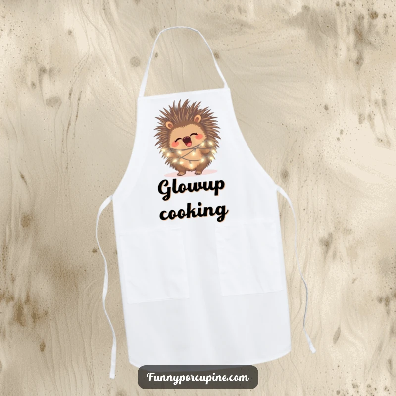 Funny porcupine fairy light apron, showing a giggling porcupine entangled in fairy lights while cooking.