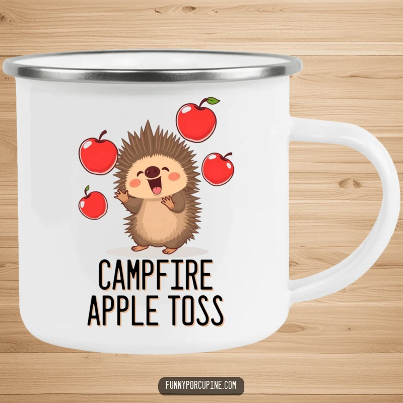 Funny Porcupine Camping Mug: A kawaii porcupine excitedly juggles oversized red apples, bringing humor to outdoor drinks.