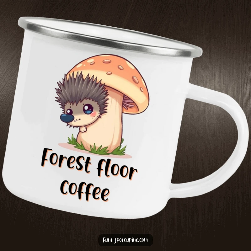 Funny camping mug with a spiky porcupine peeking from behind a large mushroom, eyes wide with humorous curiosity.