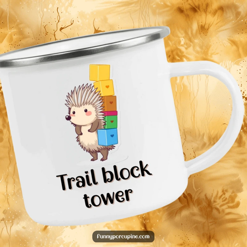 Funny Porcupine Camping Mug: A plump, spiky porcupine joyfully balances a stack of colorful blocks, bringing humor to outdoor drinks.
