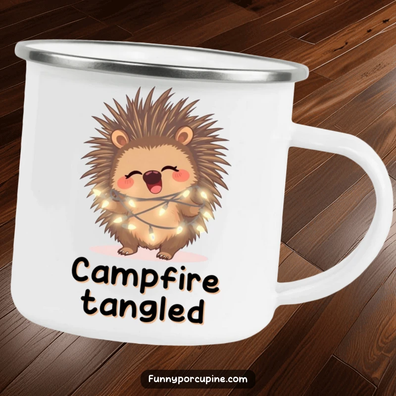 Funny porcupine fairy light camping mug, showing a giggling porcupine tangled in fairy lights, perfect for outdoors.