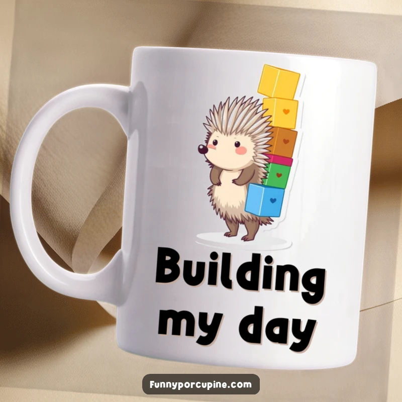 Funny Porcupine Mug: A plump, spiky porcupine joyfully balances a tall, wobbly stack of colorful blocks, showing delightful concentration.