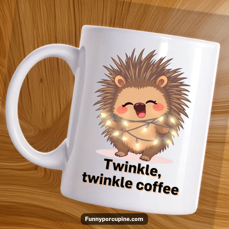 Funny porcupine giggling mug, tangled in glowing fairy lights, radiating pure, cozy amusement.