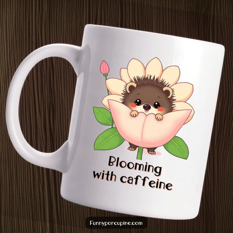 Funny porcupine peeking from behind a large, comical flower mug, showcasing shy curiosity and humor.