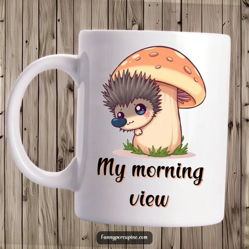 Funny mug featuring a wide-eyed, spiky porcupine peeking shyly from behind a huge, cartoonish mushroom.