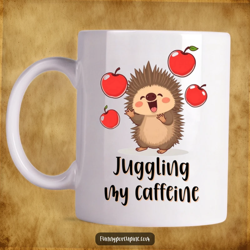 Funny Porcupine Mug: A kawaii porcupine excitedly juggles several oversized, bright red apples with impressive coordination and glee.