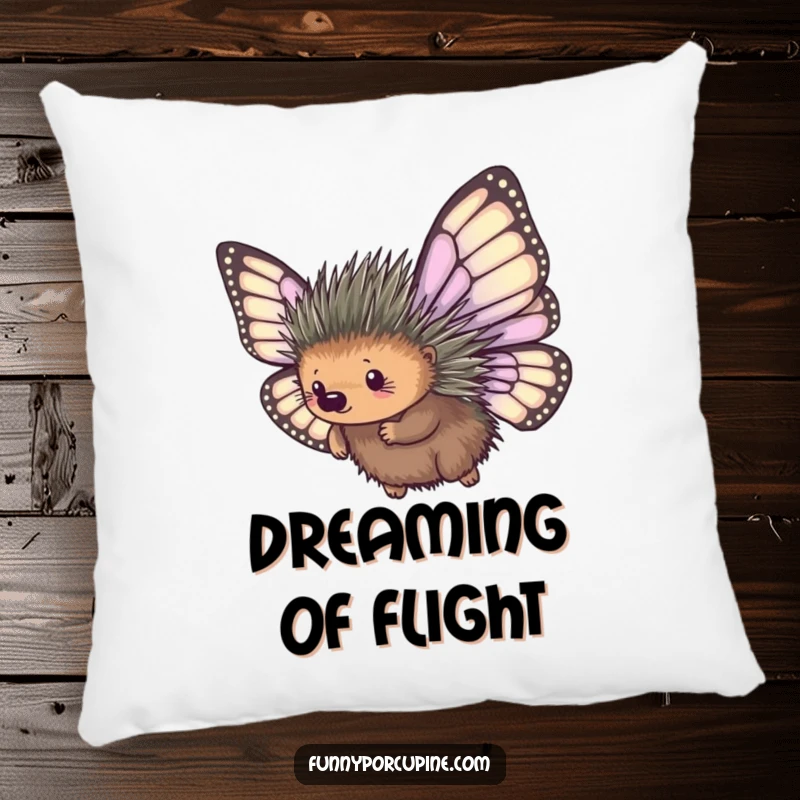 Funny pillow showcasing a porcupine with large, mismatched butterfly wings, comically attempting to fly, a soft and humorous decorative item.