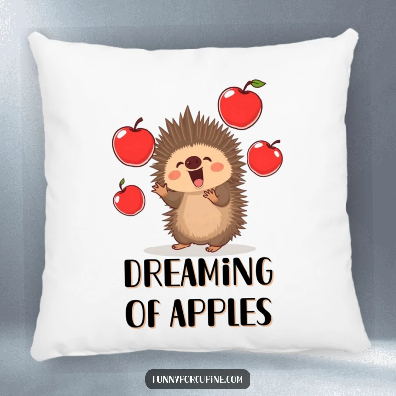Funny Porcupine Pillow: A kawaii porcupine excitedly juggles oversized red apples, adding a humorous and comfy touch to any room.