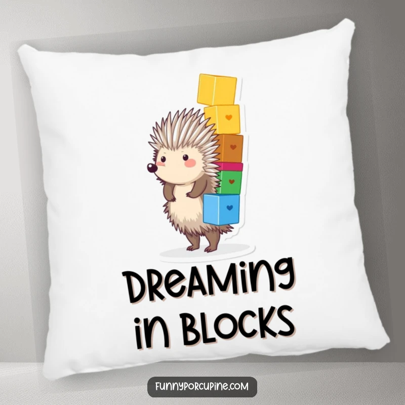 Funny Porcupine Pillow: A plump, spiky porcupine joyfully balances a stack of colorful blocks, adding a humorous and comfy touch.