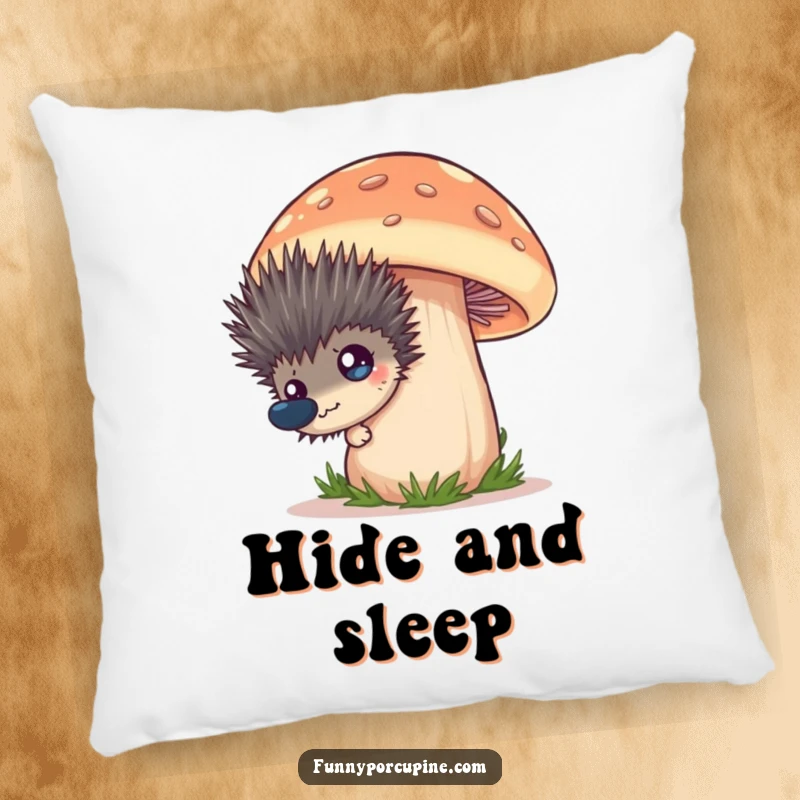 Funny pillow with a spiky porcupine peeking from behind a huge, cartoonish mushroom, showcasing a funny, wide-eyed expression.