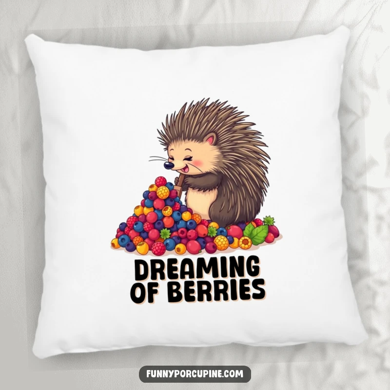 Funny pillow showcasing an enthusiastic porcupine joyfully shoveling a massive heap of colorful berries, a soft and humorous decorative item.