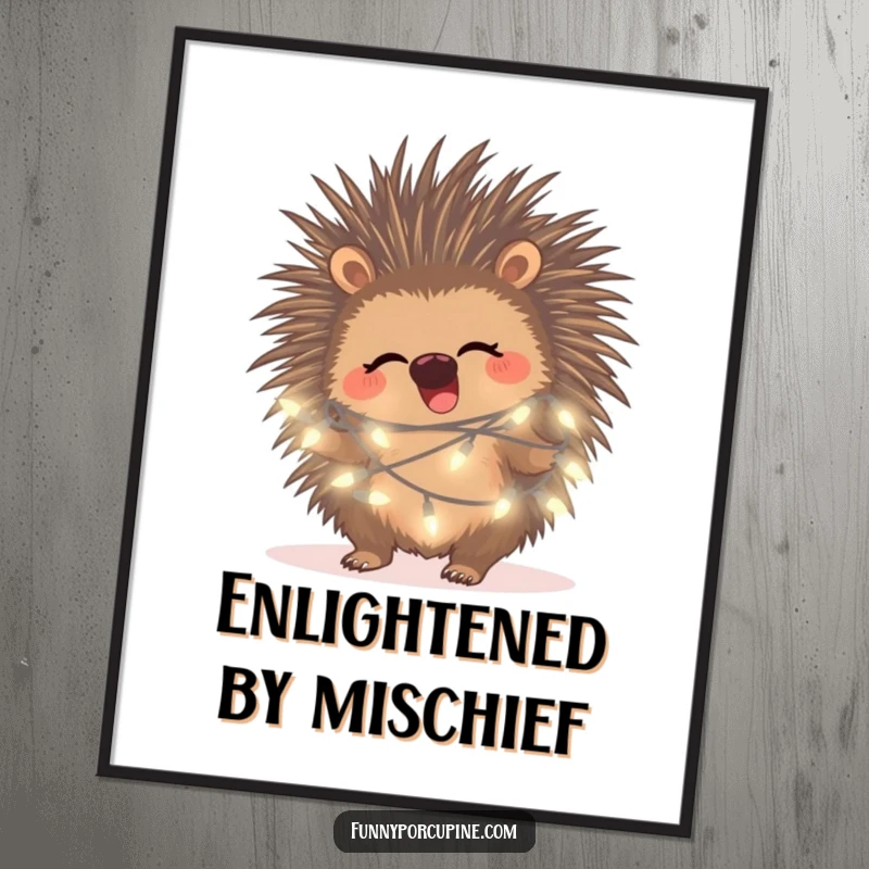 Funny porcupine fairy light digital art print, capturing a porcupine giggling amidst a tangle of glowing fairy lights.