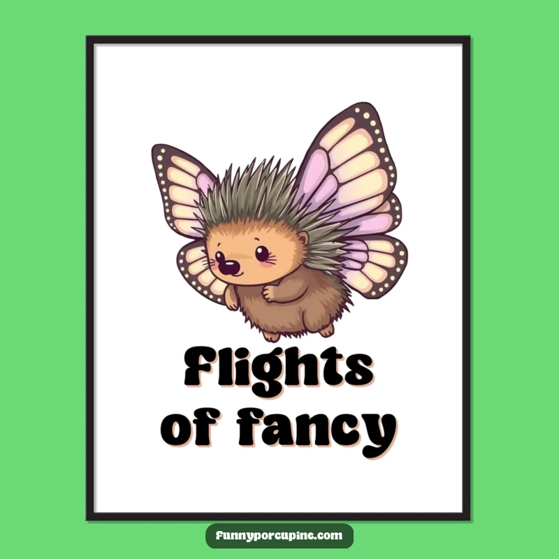 Funny Porcupine Flying Digital Art: Hilarious Butterfly Wings Print Gift
