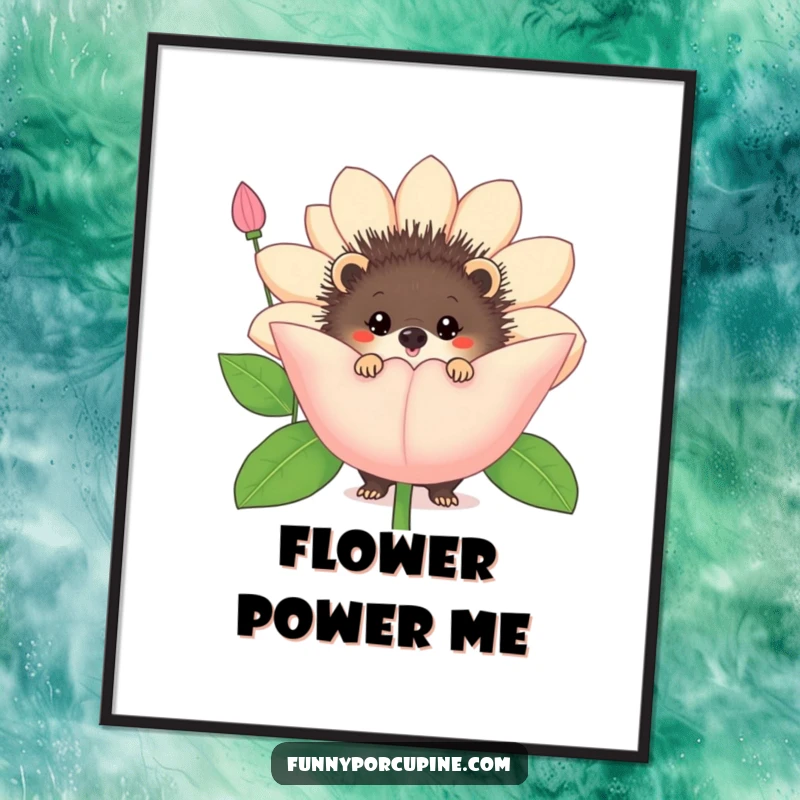 Funny porcupine flower digital art print, capturing a porcupine peeking shyly from behind an oversized, comical flower.