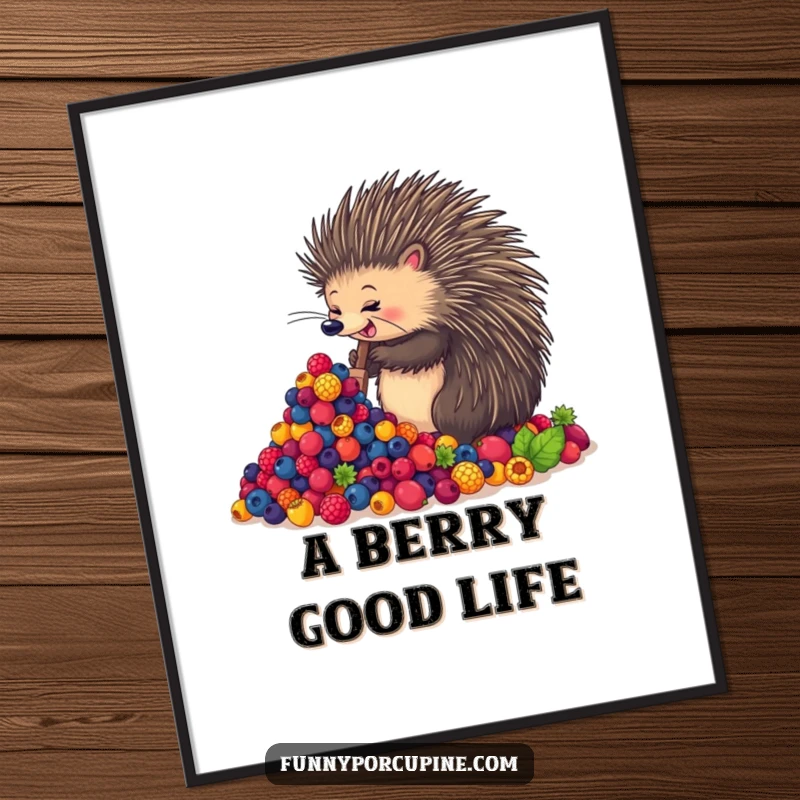 Funny digital art print of an enthusiastic porcupine gleefully shoveling a huge mound of vibrant berries, adding joyful charm to any room.