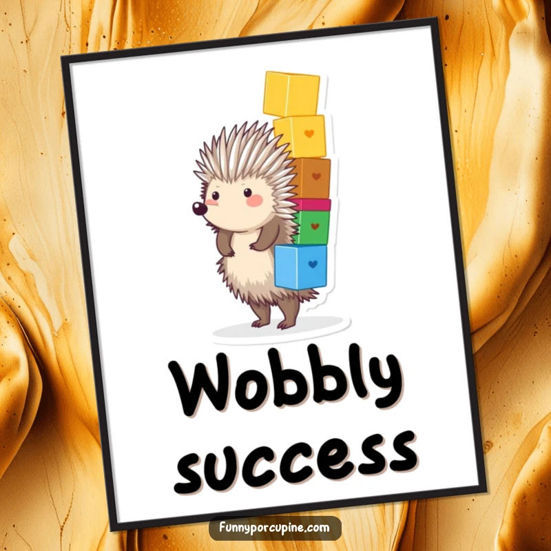 Funny Porcupine Digital Art Print: A plump, spiky porcupine joyfully balances a stack of colorful blocks, perfect for instant, cheerful decor.