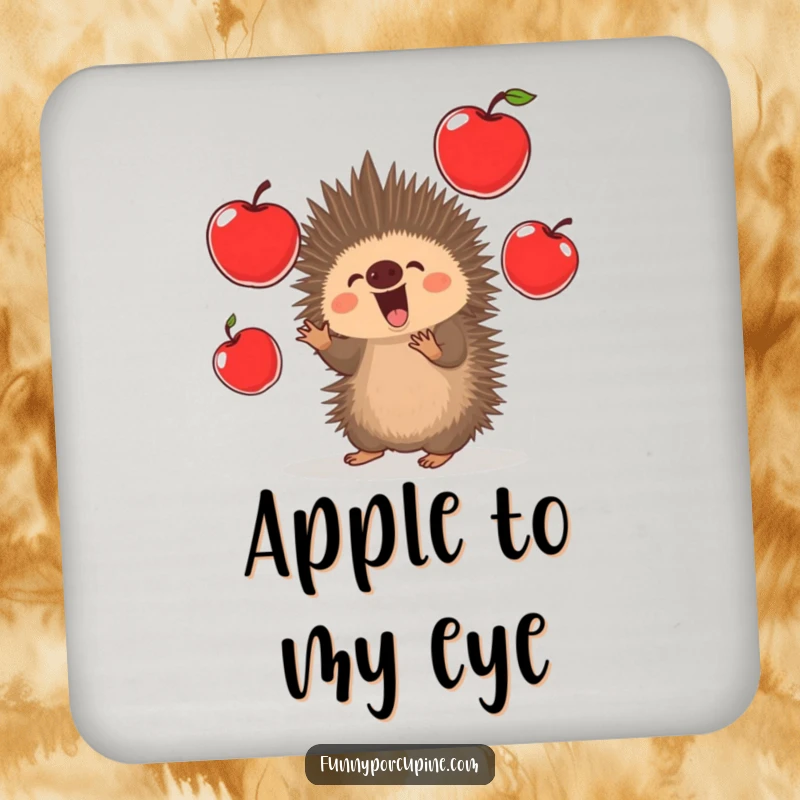 Funny Porcupine Coaster: A kawaii porcupine excitedly juggles oversized red apples, adding humor and protection to drink surfaces.