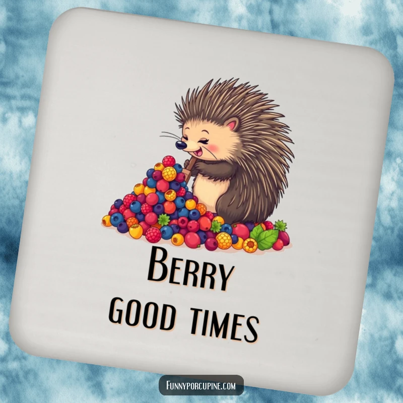 Funny drink coaster with an enthusiastic porcupine joyfully shoveling a giant pile of colorful berries, protecting surfaces with charm.