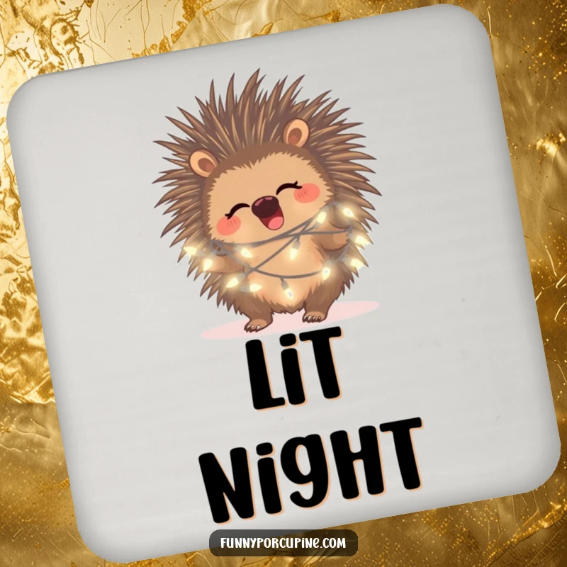 Funny porcupine fairy light coaster design, featuring a giggling porcupine tangled in fairy lights, ideal for tables.