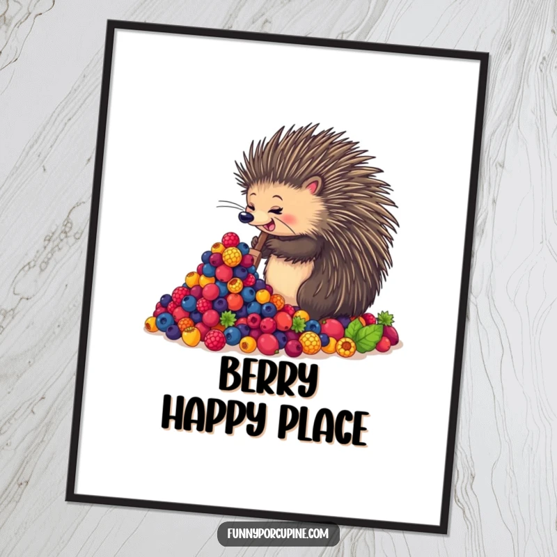 Funny poster of an enthusiastic porcupine gleefully shoveling a huge pile of vibrant berries, a delightful piece of humorous art.