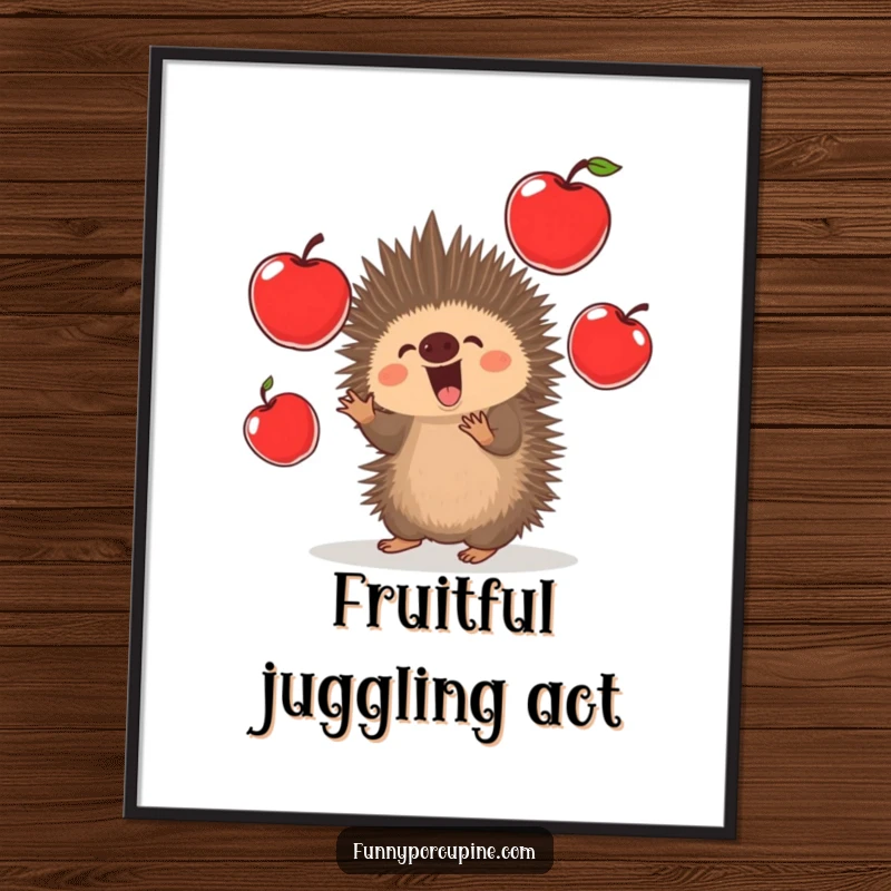 Funny Porcupine Poster: A kawaii porcupine excitedly juggles bright red apples, bringing a vibrant and entertaining focal point to art.