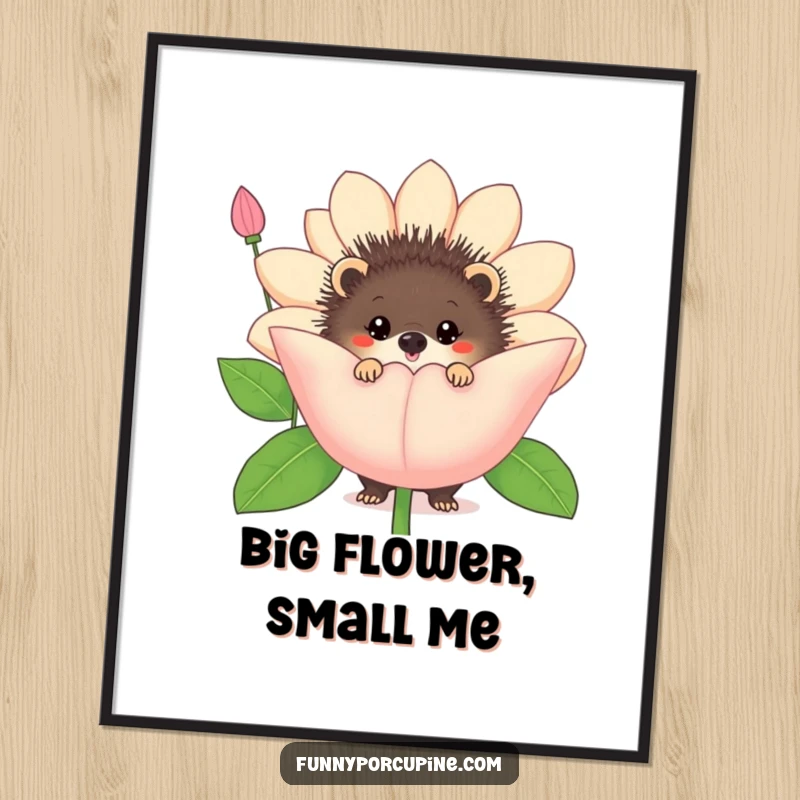 Funny porcupine flower poster print, showing a porcupine curiously peeking from behind an oversized comical flower.