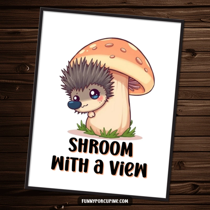 Funny poster illustration of a spiky porcupine peeking from behind a giant, comical mushroom, its wide eyes full of playful wonder.