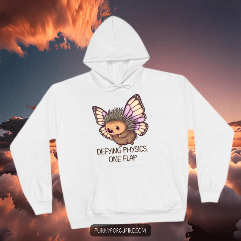 Funny hoodie depicting a porcupine with oversized, mismatched butterfly wings, comically attempting to take flight, radiating humorous perseverance.