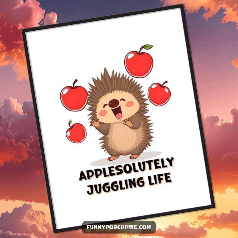 Funny Free Printable Wall Art: A kawaii porcupine excitedly juggles several oversized, bright red apples in the air.