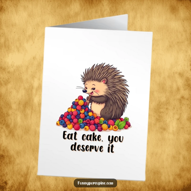 Funny Free Printable Birthday Card: A delighted porcupine joyfully shovels a huge pile of vibrant, colorful berries.