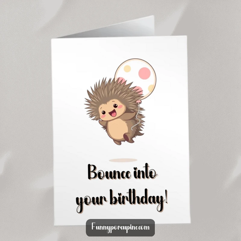 Funny Free Printable Birthday Card: A cute porcupine gleefully bounces high on a large polka-dot balloon, spreading birthday cheer.