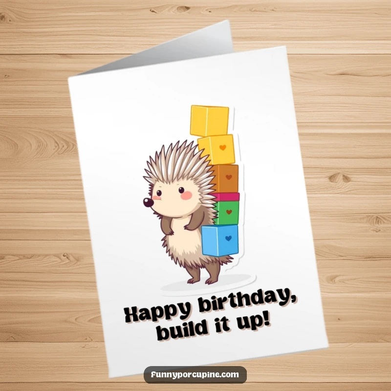 Funny Free Printable Birthday Card: A plump, spiky porcupine joyfully balances a massive, unstable tower of colorful blocks.