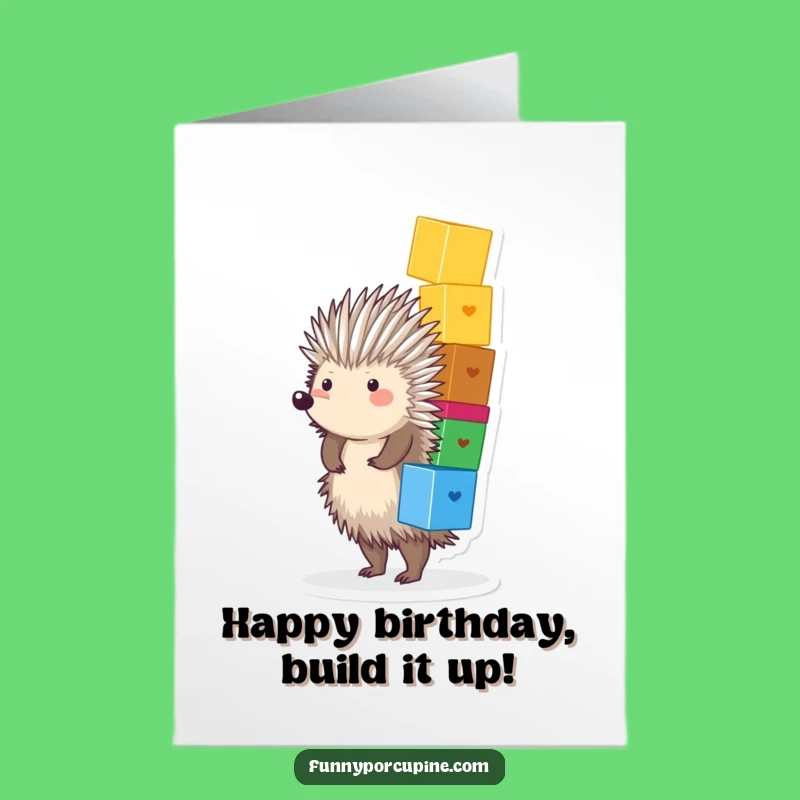 Free Printable Porcupine Birthday Card: Funny Block Stacking Wobble Downloadable Gift