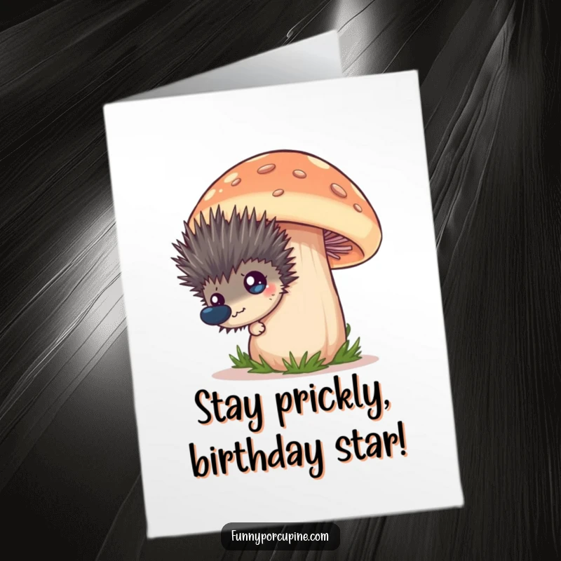 Funny Free Printable Birthday Card: Spiky porcupine with wide eyes peeking from behind a giant mushroom, a quirky and humorous greeting.