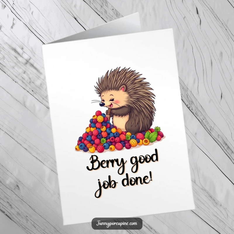 Funny Free Printable Congratulations Card: A happy porcupine enthusiastically devours a massive mound of brightly colored berries.