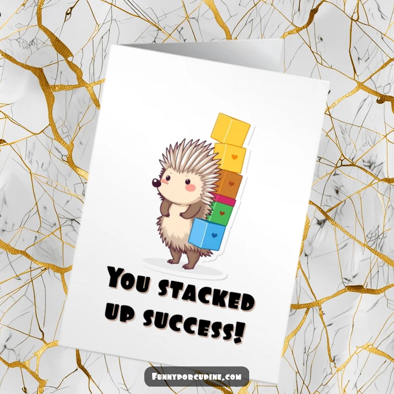 Funny Free Printable Congratulations Card: A plump, spiky porcupine joyfully balances a large, precarious stack of colorful blocks.