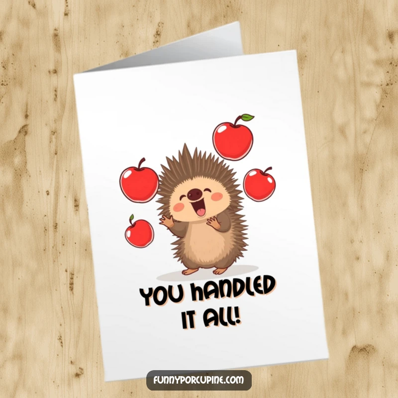 Funny Free Printable Congratulations Card: A kawaii porcupine excitedly juggles several large, bright red apples.
