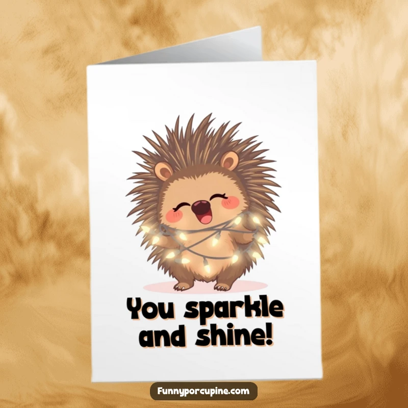 Free printable congratulations card showing a porcupine giggling amidst tangled fairy lights, perfect for celebrating bright moments.