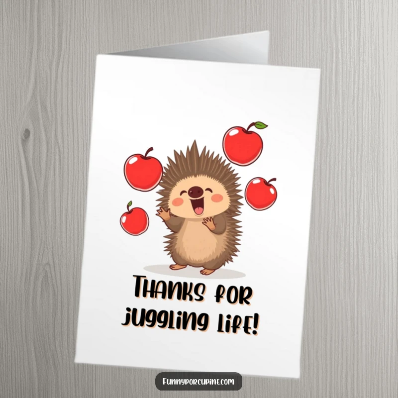 Funny Free Printable Thank You Card: A kawaii porcupine excitedly juggles several oversized, bright red apples.