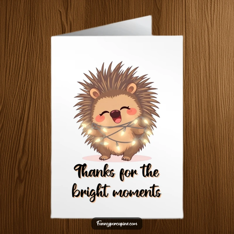 Free printable thank you card featuring a porcupine giggling, happily ensnared in glowing fairy lights, a cute thank you.