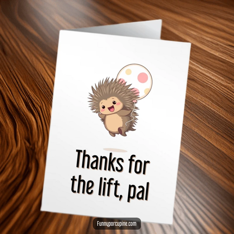 Funny Free Printable Thank You Card: A cheerful porcupine bounces gleefully on an oversized polka-dot balloon, a unique thank you.