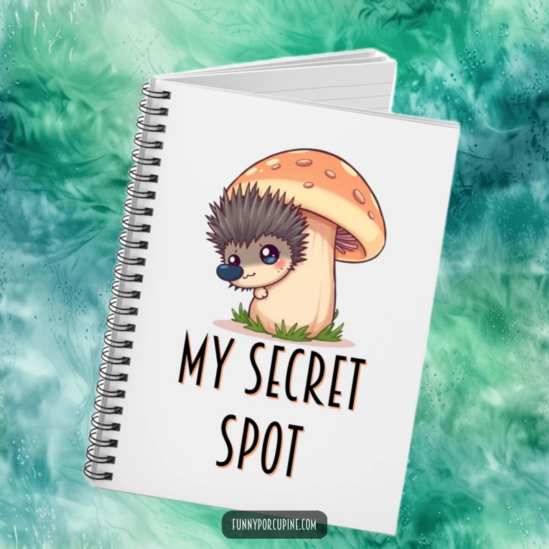 Funny notebook cover with a spiky porcupine peeking from behind a giant mushroom, its big eyes conveying humorous surprise.