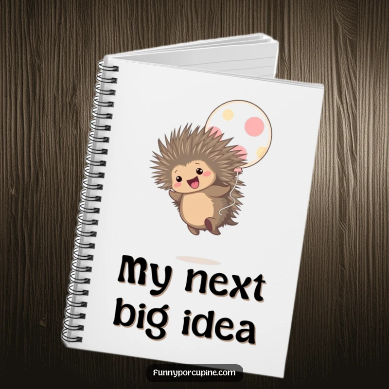 Funny notebook cover with a cute porcupine gleefully bouncing on a large polka-dot balloon, conveying pure happiness.