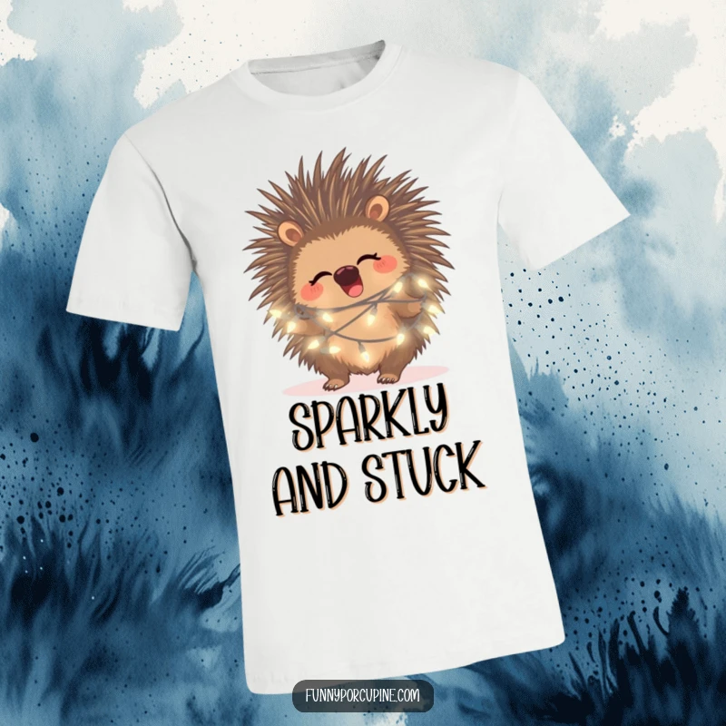 Funny porcupine fairy light t-shirt, depicting a porcupine giggling amidst a tangle of bright, glowing fairy lights.