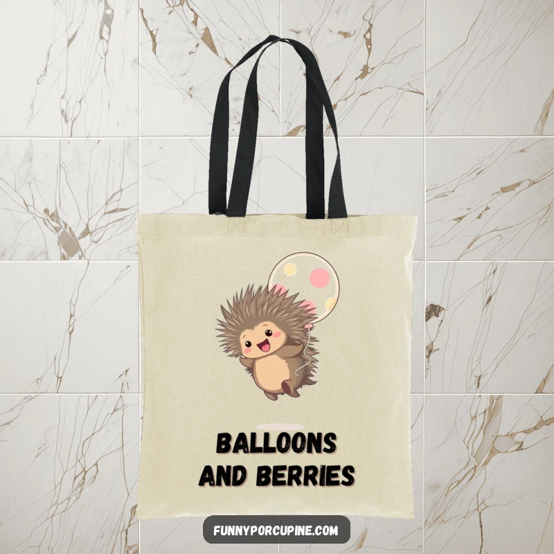 Funny tote bag illustrating a cute porcupine gleefully bouncing on a large polka-dot balloon, looking utterly delighted.